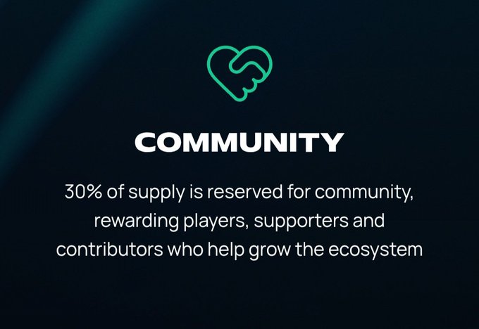 A dark promotional graphic featuring a green handshake heart logo with the title "COMMUNITY" and text explaining that "30% of supply is reserved for community, rewarding players, supporters and contributors who help grow the ecosystem."