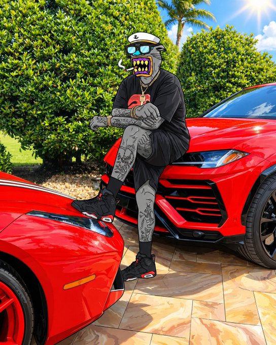 A cartoon-style illustration of a tattooed figure wearing a sailor hat, sunglasses, and a shirt, posing between two red Lamborghini-style sports cars in a sunny tropical setting.
