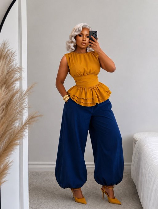 A woman taking a mirror selfie wearing a mustard yellow peplum top with ruffles and navy blue wide-leg pants, paired with matching yellow heels.
