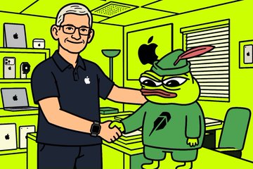 A cartoon illustration shows Tim Cook shaking hands with a green Pepe the Frog character dressed as Robin Hood inside an Apple store.