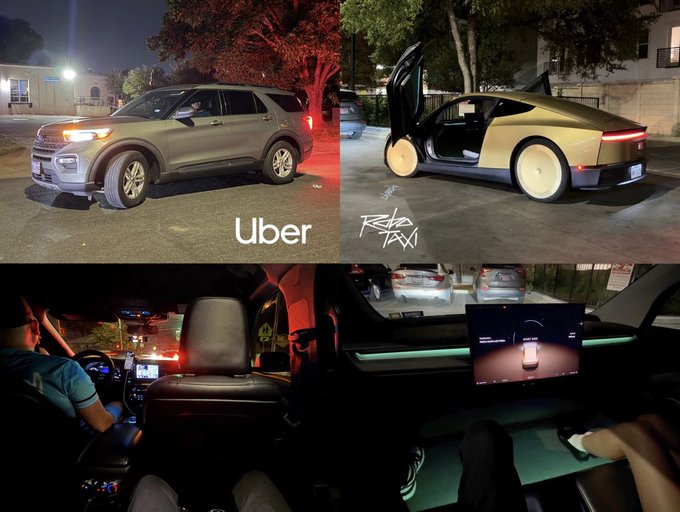 The collage contrasts an Uber SUV with what appears to be a driverless Cybercab, showing the human driver seated at the wheel in one shot and an empty cabin in another. The visible “Uber” label and “ROBO TAXI” graffiti reinforce the post’s claim that human-driven taxis may feel like relics of the past from September 3, 2026.