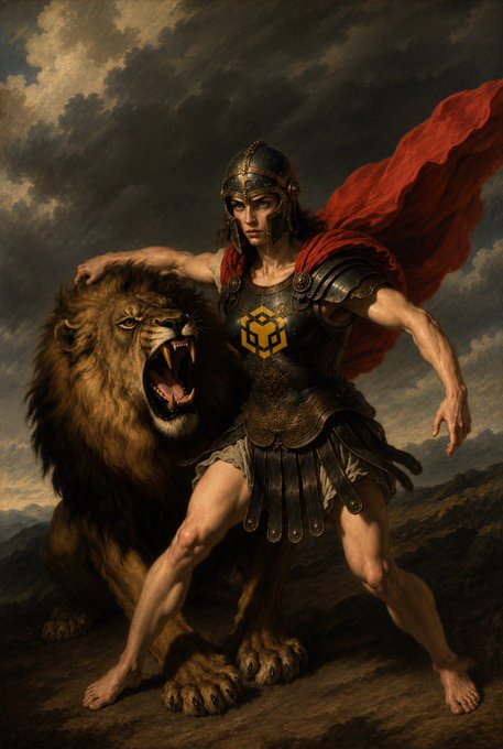 Classical-style painting depicting a warrior in armor with a flowing red cape standing alongside a roaring lion against a dramatic cloudy sky.