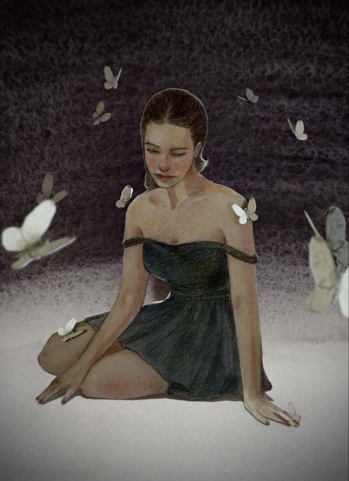 An artistic illustration of a young woman in a dark dress sitting on the ground surrounded by white butterflies in a moody, dark setting.