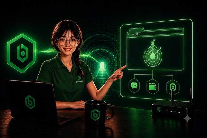A woman in a green Beldex-branded polo shirt sits at a desk with a Beldex-logo laptop and mug, pointing toward a holographic green browser interface displaying the Beldex onion icon and privacy/security app icons against a stylized digital background. The image visually reinforces the post's message that browsers are more than simple interfaces—highlighting Beldex's privacy-focused ecosystem and tools.
