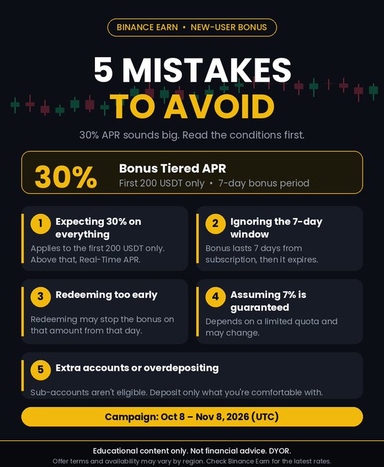 A dark Binance Earn promotional infographic titled “5 MISTAKES TO AVOID” explains a “30% Bonus Tiered APR” for the first 200 USDT only during a 7-day bonus period, including the campaign date “Oct 8 - Nov 8, 2026 (UTC)” and a disclaimer: “Educational content only. Not financial advice. DYOR.”