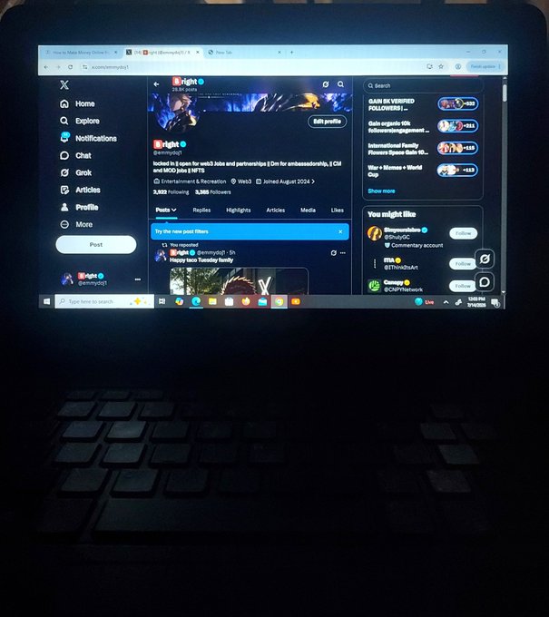 A laptop screen displays the X (formerly Twitter) feed for user @dannybyo3, showing 3,820 Following and 3,385 Followers, with the post "Nailed it 1 open for uae/ Jobs and partnerships." on his timeline—aligning with the caption's theme of networking, building, and stacking $ANSEM.