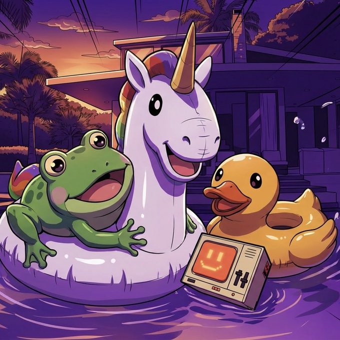 A cartoon frog, unicorn, and rubber duck float together on a pool ring in front of a modern house at dusk, accompanied by a smiling retro arcade machine displaying "14." The whimsical pool party scene resembles NFT collectible artwork, consistent with the 0x033a...E931 crypto address referencing a digital collectible token.