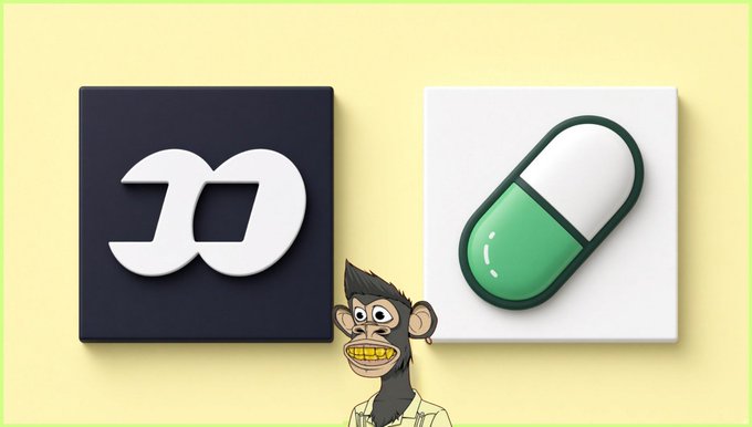 The image shows a cartoon monkey character positioned between two platform logos: a black square with a white stylized "D" symbol on the left, and a white square featuring a green and white pill-shaped icon on the right, representing a visual comparison of trading platforms discussed in the post about memecoin trading preferences.