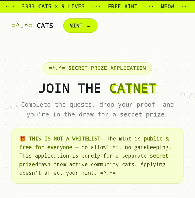 A website page for 'CATS' featuring a 'JOIN THE CATNET' heading and instructions to complete quests for a 'secret prize application,' with text explaining the mint is public and free.