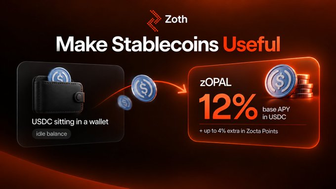 A promotional banner for Zoth with the text 'Make Stablecoins Useful,' showing USDC in a wallet on the left and 'zOPAL 12% base APY in USDC + up to 4% extra in Zocta Points' on the right.