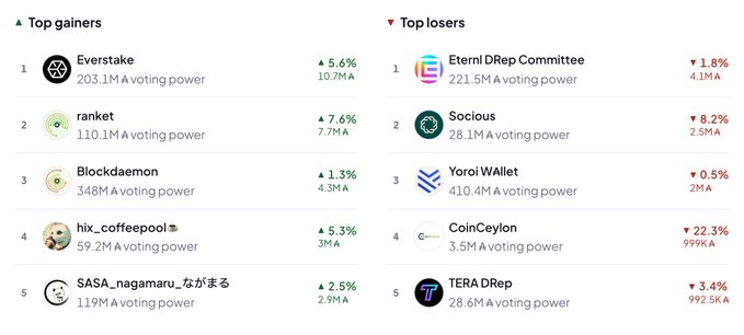 A market dashboard displaying 'Top gainers' including Everstake (+5.6%), ranket (+7.6%), and Blockdaemon (+1.3%), alongside 'Top losers' like Eternal DRep Committee (-1.8%), Socious (-8.2%), and CoinCeylon (-22.3%).