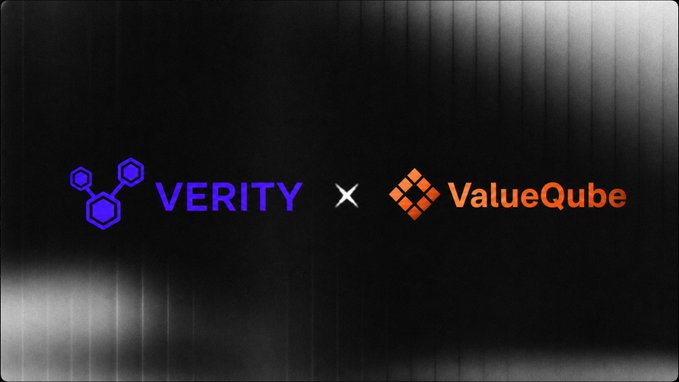 This image announces a partnership between Verity and ValueQube, visually represented by their logos and names. The logos and names in the image directly support the text of the accompanying post by showcasing the two companies involved in the partnership.