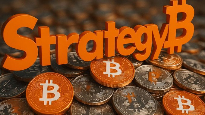 A 3D graphic depicting the word 'Strategy' in large orange letters alongside the Bitcoin symbol, set against a background of stacked Bitcoin coins.
