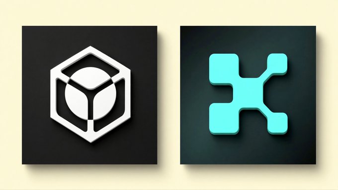 Two 3D logo icons sit side by side on dark panels: a white hexagonal emblem with a central circle on the left, and a cyan geometric symbol on the right.