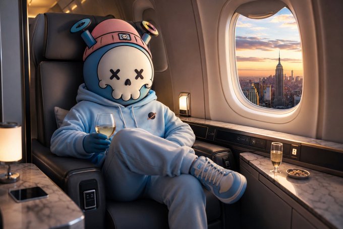 A digital illustration shows a character in a blue hoodie and skull mask sitting in an airplane seat, holding a wine glass with a view of New York City at sunset through the window.
