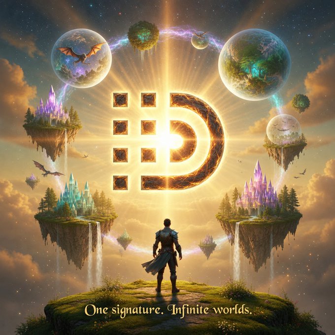A fantasy artwork featuring a glowing D-shaped symbol surrounded by floating worlds, with a warrior figure standing on a hill and the tagline 'One signature. Infinite worlds.'