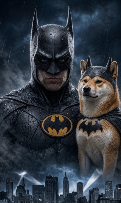 A stylized Batman-themed image shows Batman beside a Shiba Inu dressed as Batman, with rain, a dark city skyline, and bat logos on their costumes.