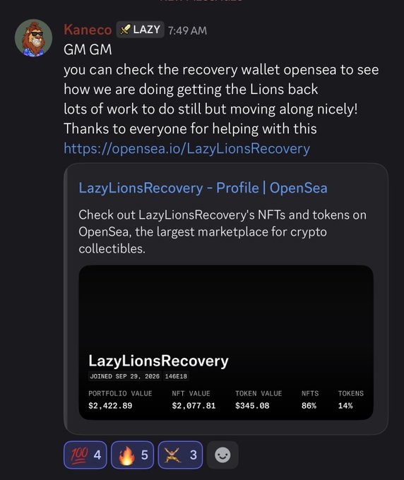 A Discord message from Kaneco with the LAZY NFT role announces an OpenSea recovery wallet for LazyLionsRecovery, showing a portfolio value of $2,422.89.