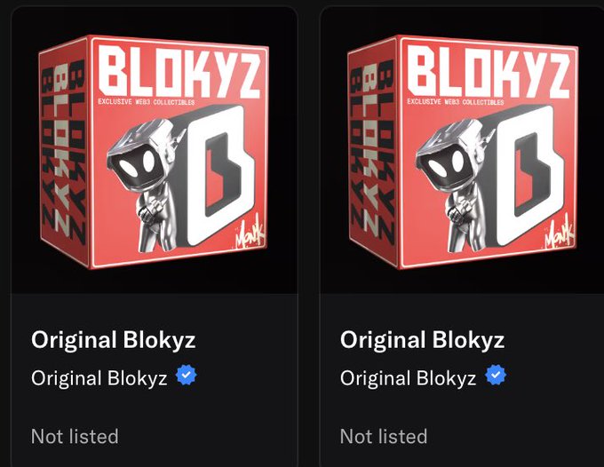 Two identical listings titled "Original Blokyz" display the red "BLOKYZ Exclusive Web3 Collectibles" blind box featuring a character with a hood and the letter "B," both marked as "Not listed," corresponding to the tweet celebrating a delivery from the Original Blokyz drop.
