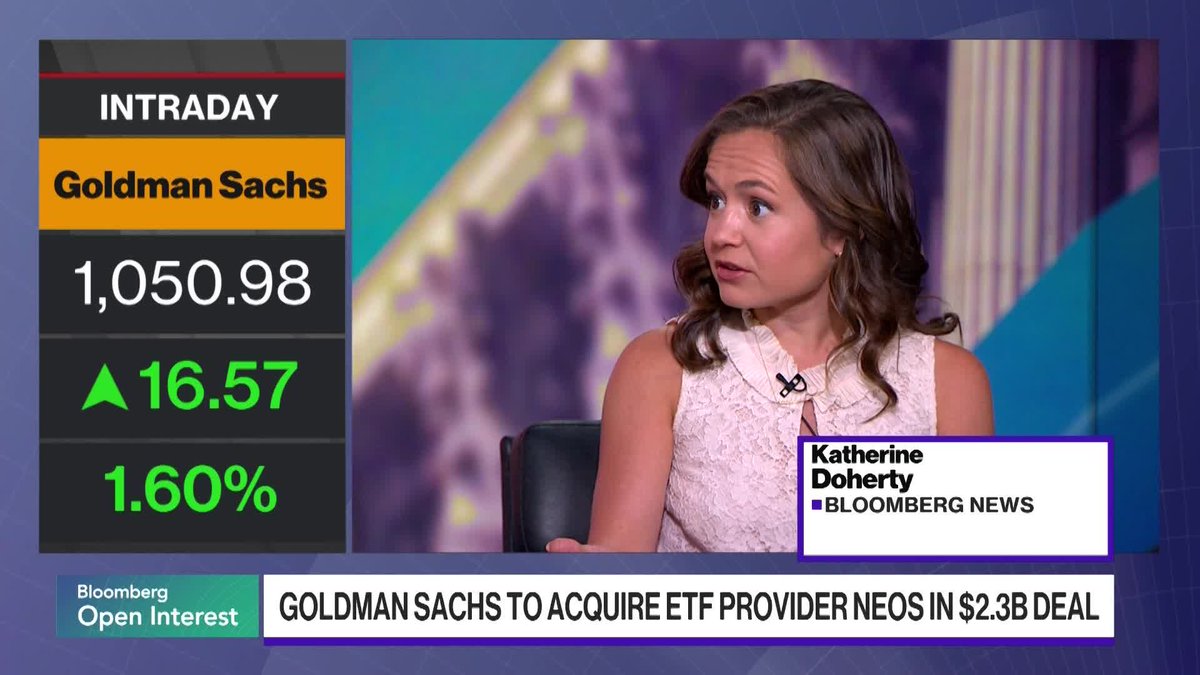Katherine Doherty of Bloomberg News reports on Goldman Sachs' announcement to acquire ETF provider Neos in a $2.3 billion deal, as the stock trades at $1,050.98, up $16.57 or 1.60% intraday. The image illustrates the broadcasting of this breaking news, which aligns with the post's details about Goldman expanding into the Bitcoin ETF income space.