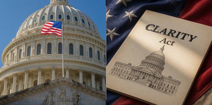 Split image showing the US Capitol dome with an American flag on the left, and a document titled 'CLARITY Act' featuring an illustration of the Capitol building on the right.
