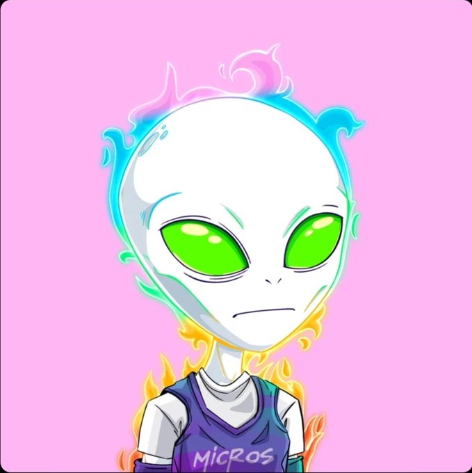 An animated alien character with a white head, green eyes, and a flaming aura wears a purple jersey labeled 'MicRos' against a pink background.