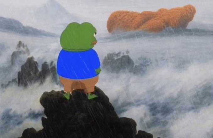 A comedic edit combining Eric Cartman's body from South Park with the background from Caspar David Friedrich's painting 'Wanderer above the Sea of Fog' in the rain.