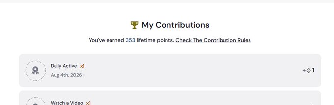 A screenshot of a 'My Contributions' page showing 353 lifetime points earned, with a 'Daily Active' task dated August 4th, 2026 worth 1 point.