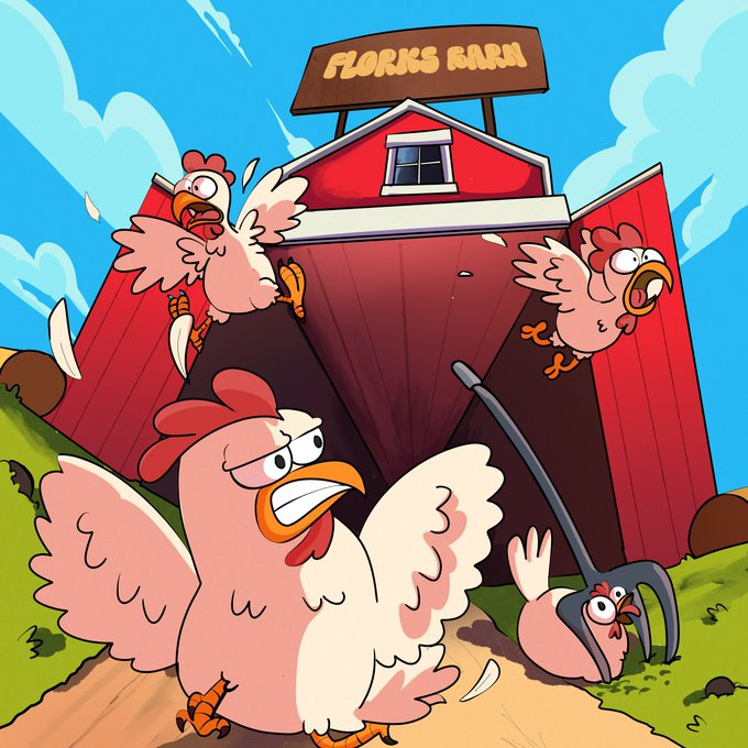 Cartoon illustration of chickens in panic at 'Flork's Farm', with one chicken running from a pitchfork while others fly away.