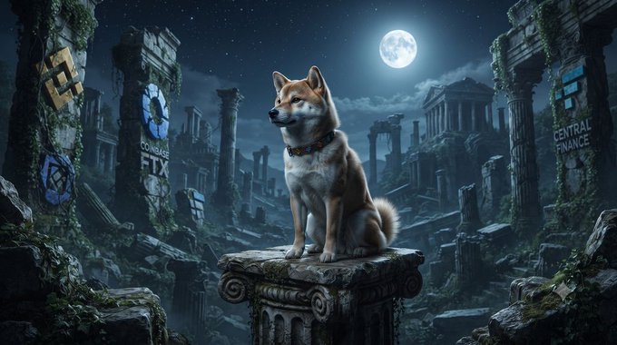 A digital illustration of a Shiba Inu dog wearing a collar, sitting on a stone pedestal among ancient ruins under a full moon, with Coinbase and FTX logos visible on pillars in the background.