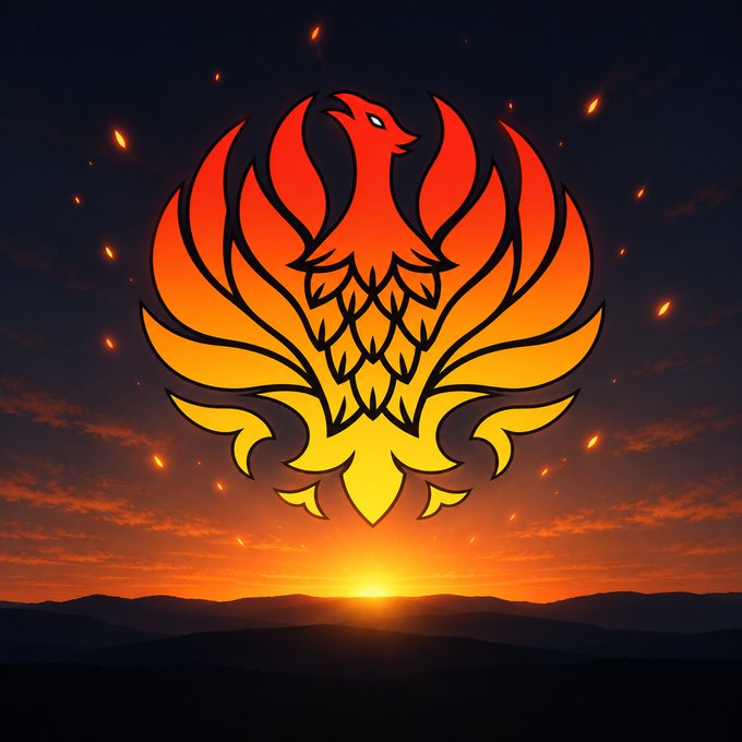 A stylized illustration of a red and orange phoenix with flame-like wings set against a sunset sky over mountains, with floating sparks around it.