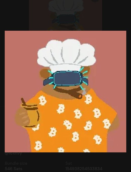 The image features a cartoon character wearing an orange shirt with white flowers and a chef's hat. The character also has a cup of coffee in their hand. The caption for the image reads, "Can'T believe I just won myself a Bitcoin Grizzly by @BITCOIN_GRIZZY. Thanks you @VCaterpillar1 for this amazing PFP. I'm already over the moon just by seeing yourself winning after missing @thebeaksart today."