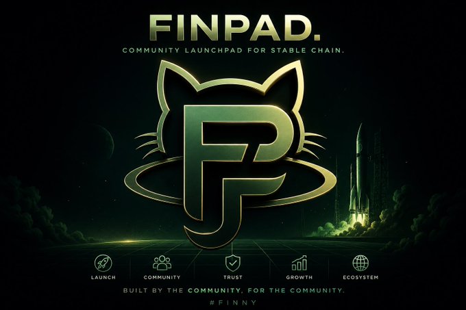 The image is a promotional banner for "FINPAD," a community launchpad for Stable Chain, featuring a stylized green cat logo with "FP" initials, a rocket launch scene, and icons highlighting Launch, Community, Trust, Growth, and Ecosystem, with the tagline "Built by the community, for the community" and hashtag "#FINNY." It visually reinforces the post's message of combining real utility with meme content by branding the Stable Chain ecosystem around community-driven growth and the meme-friendly $FINNY token.