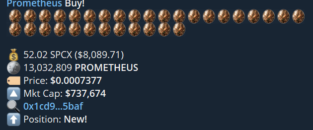 A dark blue informational graphic about the 'Prometheus' cryptocurrency token, showing 'Prometheus Buy!' with rows of coin emojis and details including '52.02 SPCX ($8,089.71)', '13,032,809 PROMETHEUS', and 'Price: $0.0007377'.