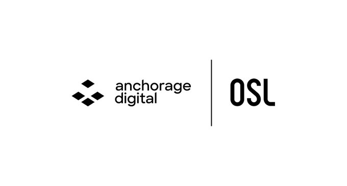 The image displays the logos of "anchorage digital" and "OSL" side by side, separated by a vertical line, indicating a partnership between the two companies. This visual accompanies an announcement about USDGO, a stablecoin from OSL, becoming eligible for rewards on the Anchorage Digital platform after achieving significant market growth.