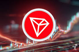 A red circular TRON logo featuring a white geometric diamond shape is displayed against a backdrop of an upward-trending stock chart, visually reinforcing the post's message about TRON's resilience and growth despite skepticism.