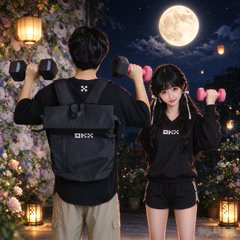 Two people in matching black athletic wear hold pink and blue dumbbells at sunset under a full moon, with 'ONIX' branding visible on their outfits.