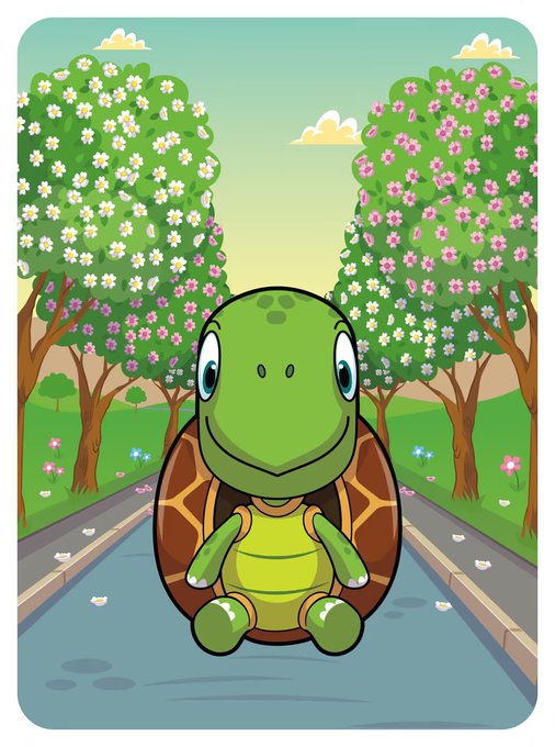 A cartoon illustration features a smiling green turtle sitting on a road lined with blooming trees.