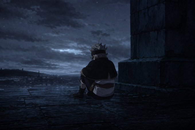 An anime-style illustration of a spiky-haired character in a black cloak sitting alone on stone steps under a cloudy night sky.