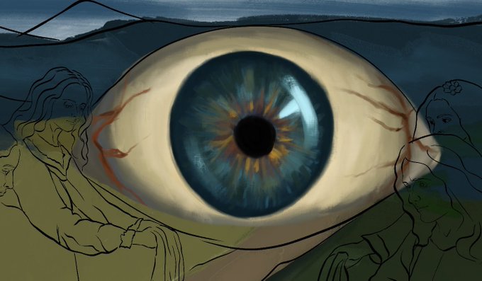 A close-up illustration of a large blue eye with intricate details, set against a painted background with faint figures of people in yellow and blue tones.