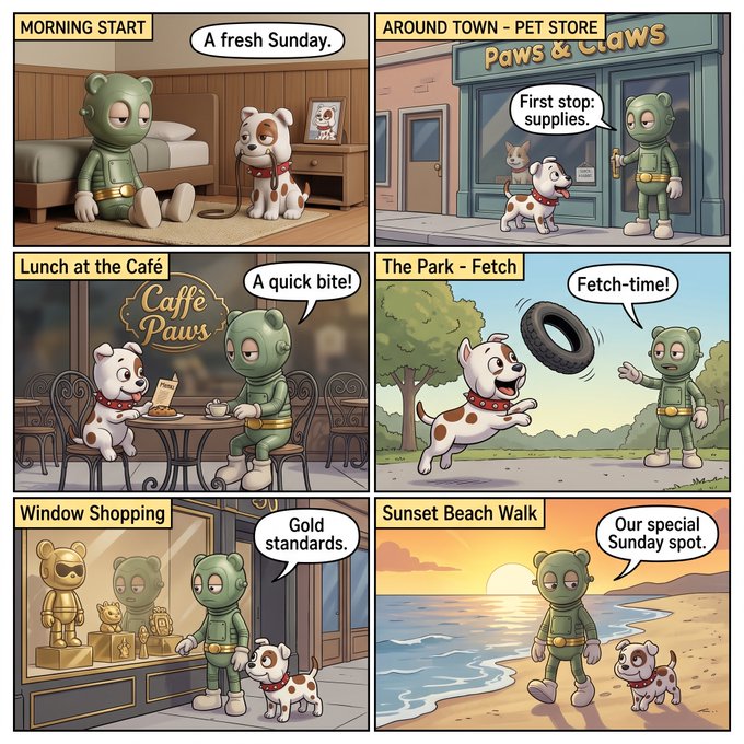 A six-panel comic strip showing a green figure and a spotted dog enjoying a Sunday together, visiting 'Paws & Claws' pet store, 'Caffe Paws' for lunch, playing fetch in the park, window shopping at 'Gold standards,' and ending with a sunset beach walk.