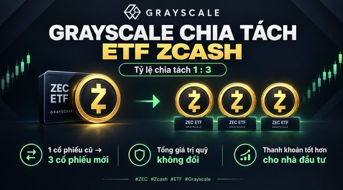 A Grayscale promotional graphic in Vietnamese about a 'Grayscale Chia Tách ETF Zcash' with a 1:3 split ratio, showing 1 share splitting into 3 new ZEC ETF shares.