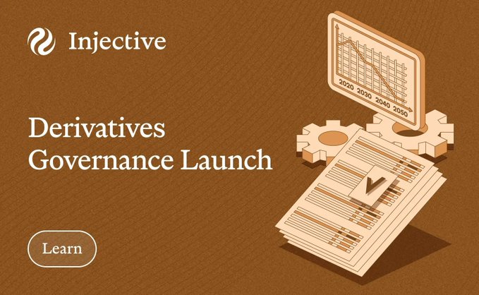 An advertisement for Injective announces a 'Derivatives Governance Launch' with illustrations of gears, charts, and documents on a brown background.