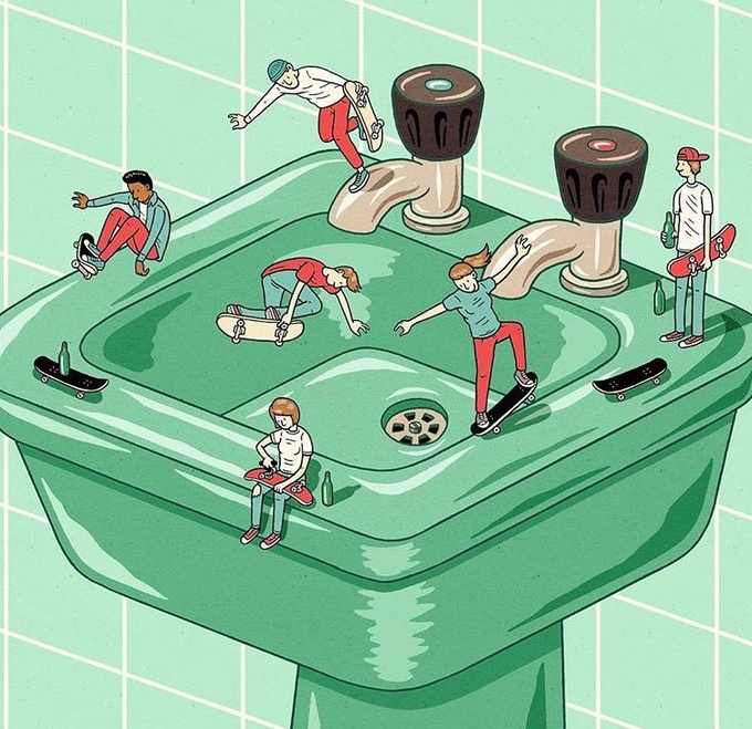 The image features a group of skateboarders performing tricks around a green sink, which serves as their stage for showcasing their skills. The scene includes various skateboarders riding skateboards, some standing on top of the sink while others are sitting or crouching in front of it. There is also a person holding a skateboard near the sink.

The image seems to be related to an online marketplace where people can buy and sell items like "OpenSea" products for free. The post suggests that the platform might be used by future-focused individuals who are interested in buying or selling goods, such as skateboards, from other users on the platform.