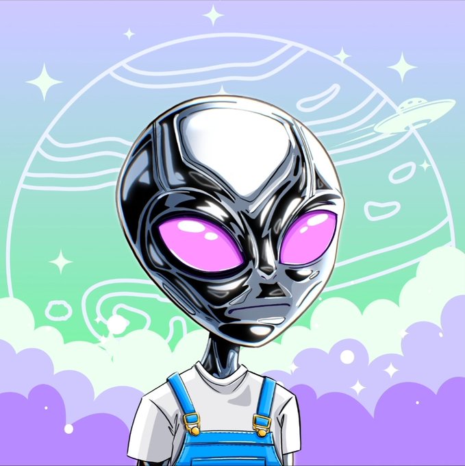 A metallic silver alien with large glowing pink eyes wearing blue overalls and a white t-shirt, set against a pastel cosmic background with a UFO and planet.
