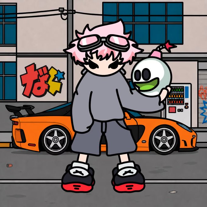 An anime-style illustration of a pink-haired character holding a bomb, standing in front of an orange sports car and a vending machine, with Japanese text 'ばく' in the background.