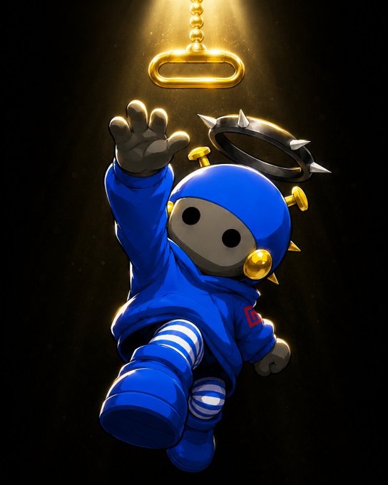 A 3D-rendered blue hooded character with a spiked halo and gold earrings reaches up to grasp a glowing golden handle suspended by a chain against a dark background.