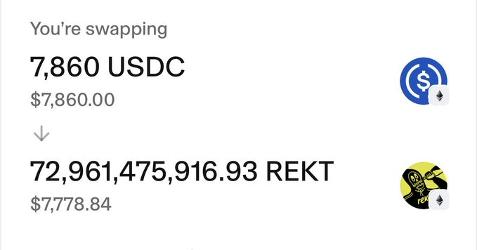 A crypto swap interface showing an exchange of 7,860 USDC ($7,860.00) for 72,961,475,916.93 REKT ($7,778.84).