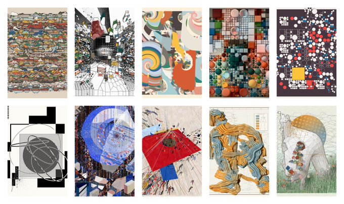 A grid display of ten diverse mixed-media artworks featuring abstract collages, geometric patterns, and surreal compositions in various color palettes.
