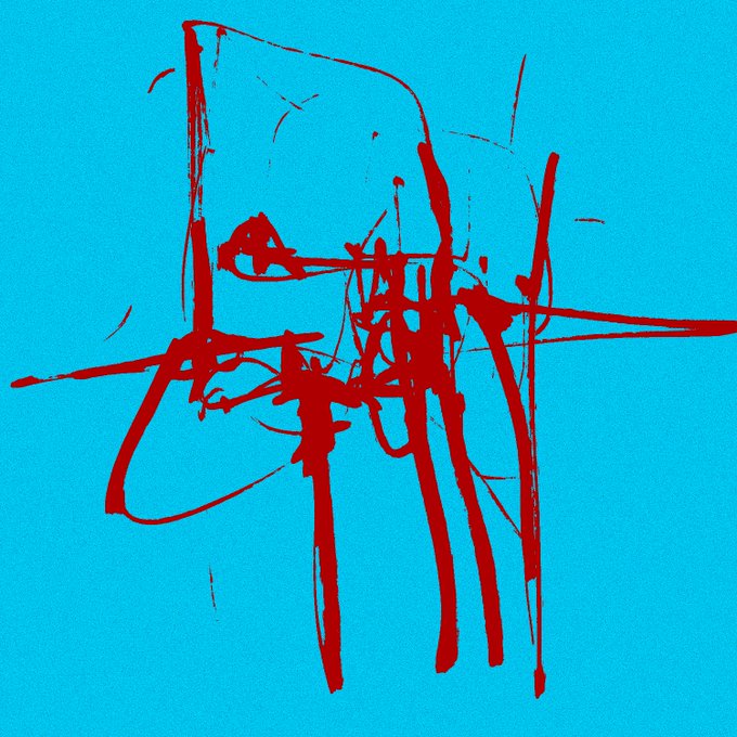 An abstract artwork with bold red paint splatters and scribbled lines on a bright blue background.